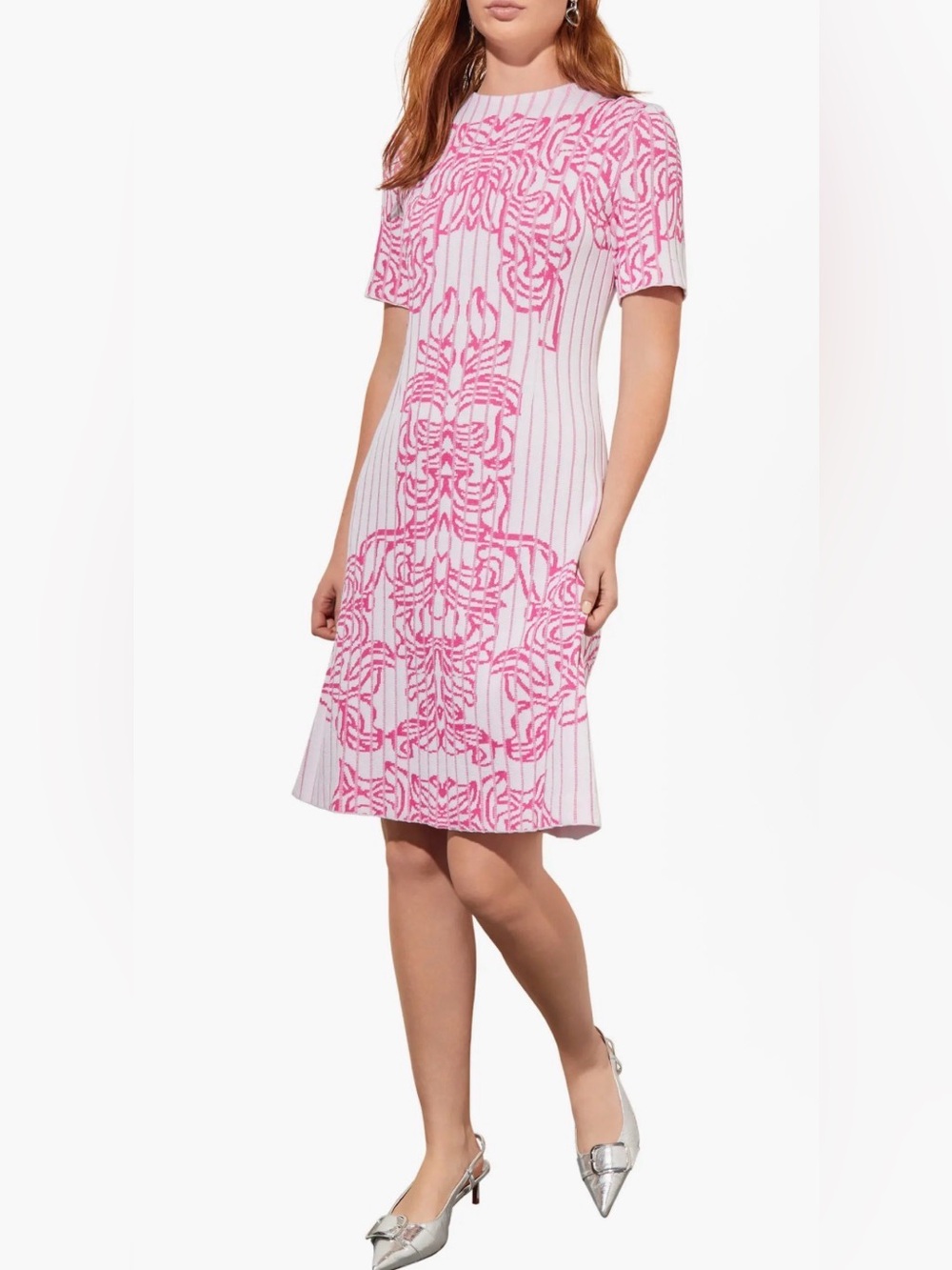 Ming Wang Pink White Floral Knit Midi Dress A-Line Size L
